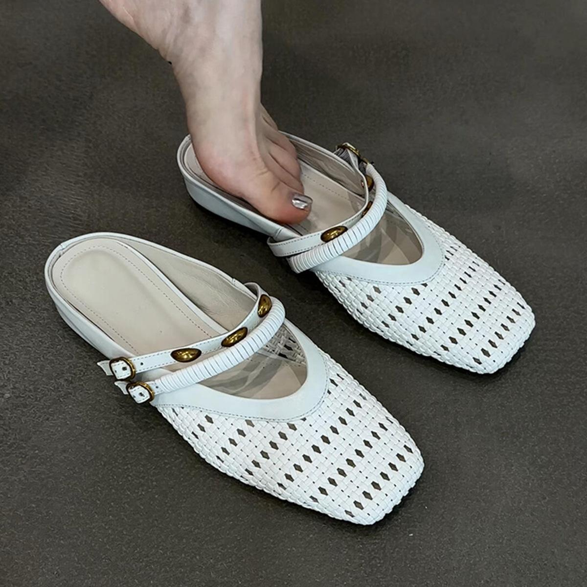 

Версия из овчины~ универсальная черная плетеная ажурная дышащая сумка, туфли-мюли с квадратным носком, женские, с металлической надписью 40