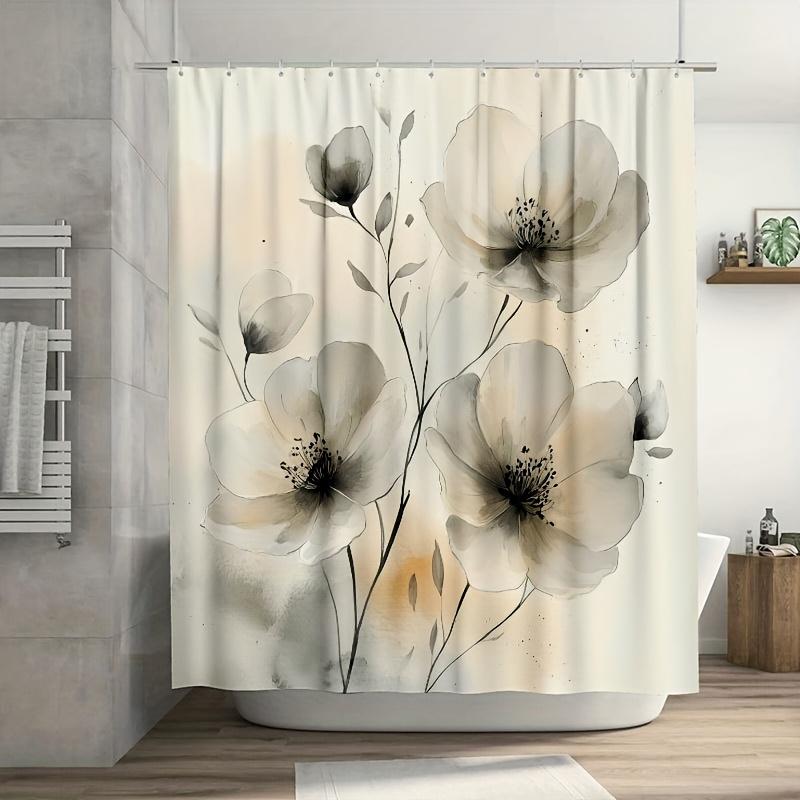 Floral Shower Curtain - Soft Pastel Flower Design With Ink Lines, Easy To Clean | Perfect For Bathroom & Bathtub Decor