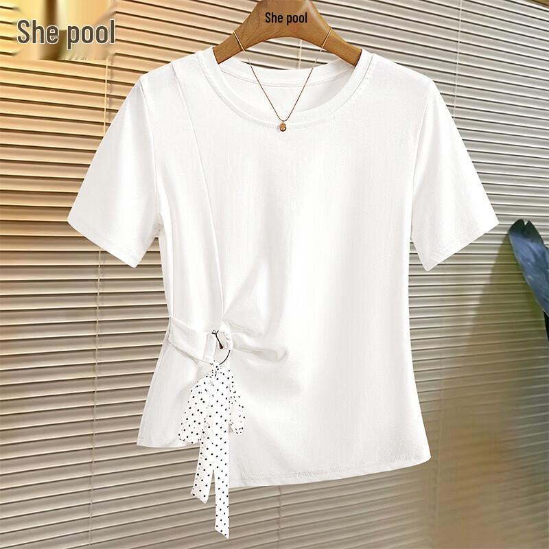 Women s Ruched Irregular Hem Round Neck Short Sleeve T-Shirt One Size белый