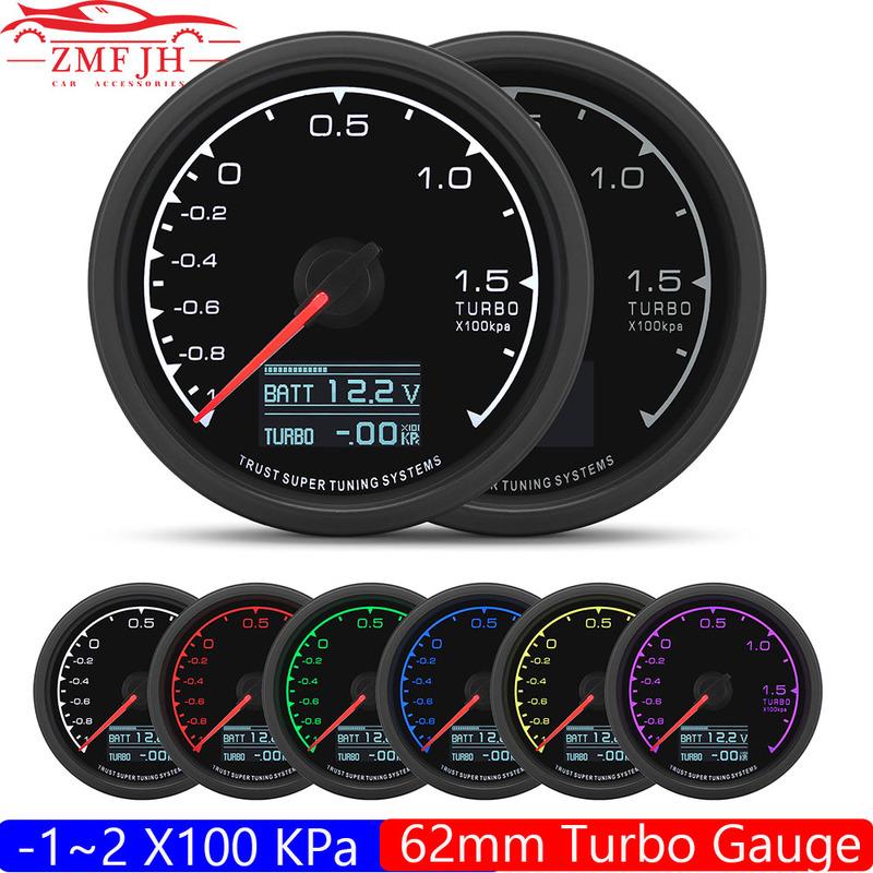Digital 62mm Turbo Boost Gauge with Sensor 7 Color LED -1~2X100Kpa Turbo Meter Holder Bracket for Gasoline Racing Car 12V
