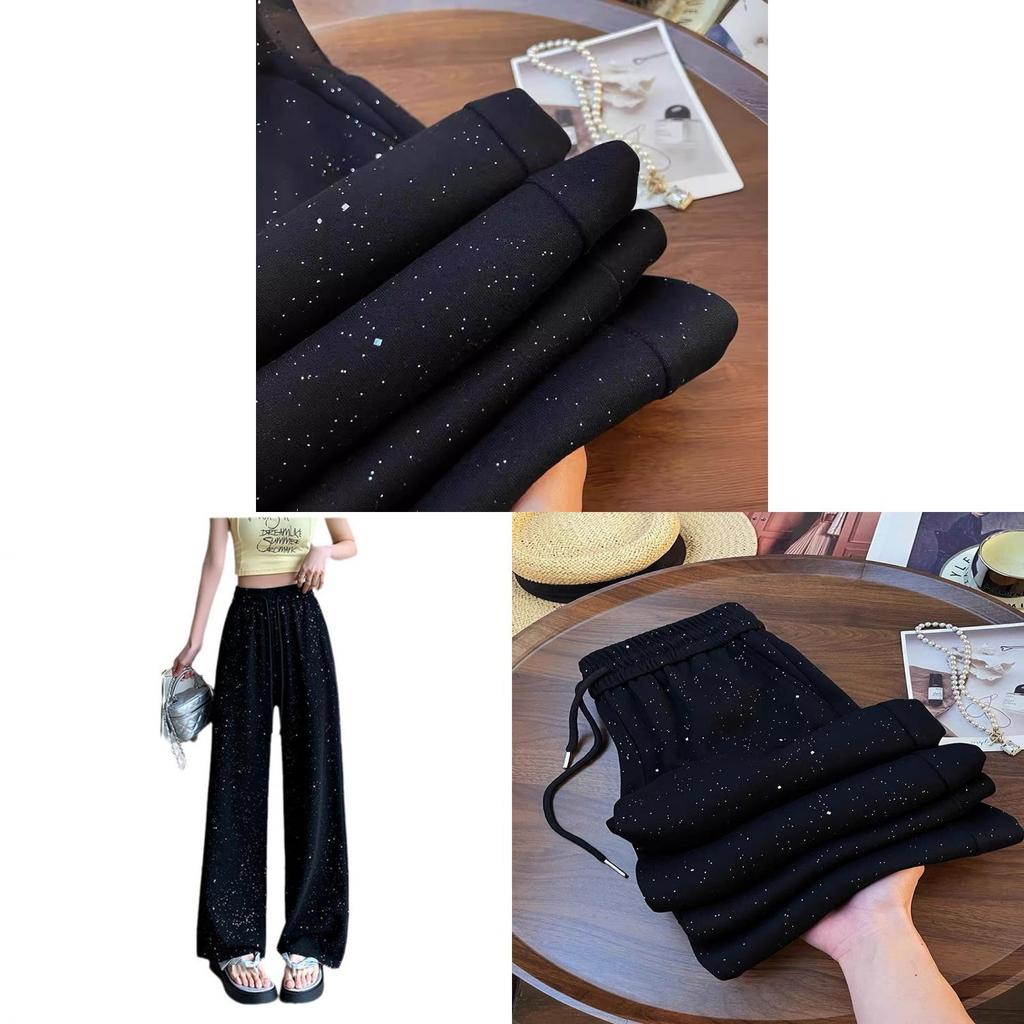 Crystal Embellished Wide Leg Pants With High Waist For Summer Casual Wear