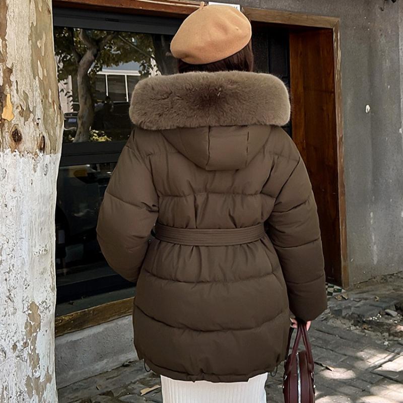 Large Fur Collar Belt Down Cotton Jacket for Women Winter Waist Belt Slimming Thick Sweet Coat