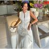 Sleeveless SpliAed Zipper Maxi Dress Women Elegant High Waist Slim Pleated Long Dresses OffiAe Lady Street Robes Female