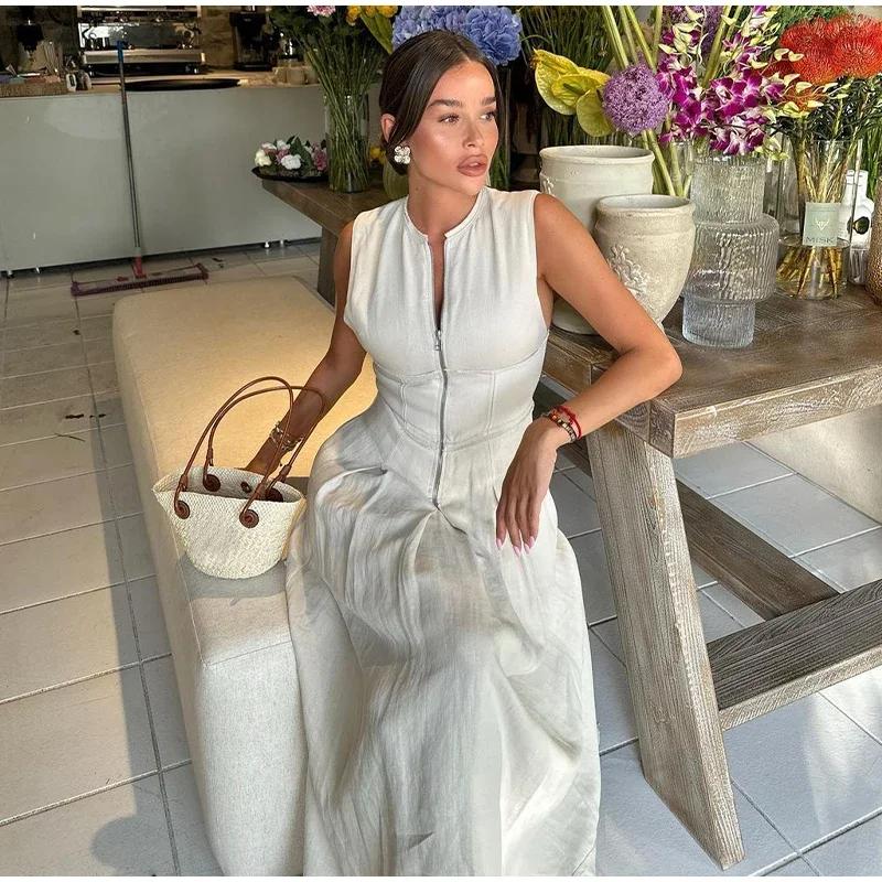 Sleeveless SpliAed Zipper Maxi Dress Women Elegant High Waist Slim Pleated Long Dresses OffiAe Lady Street Robes Female