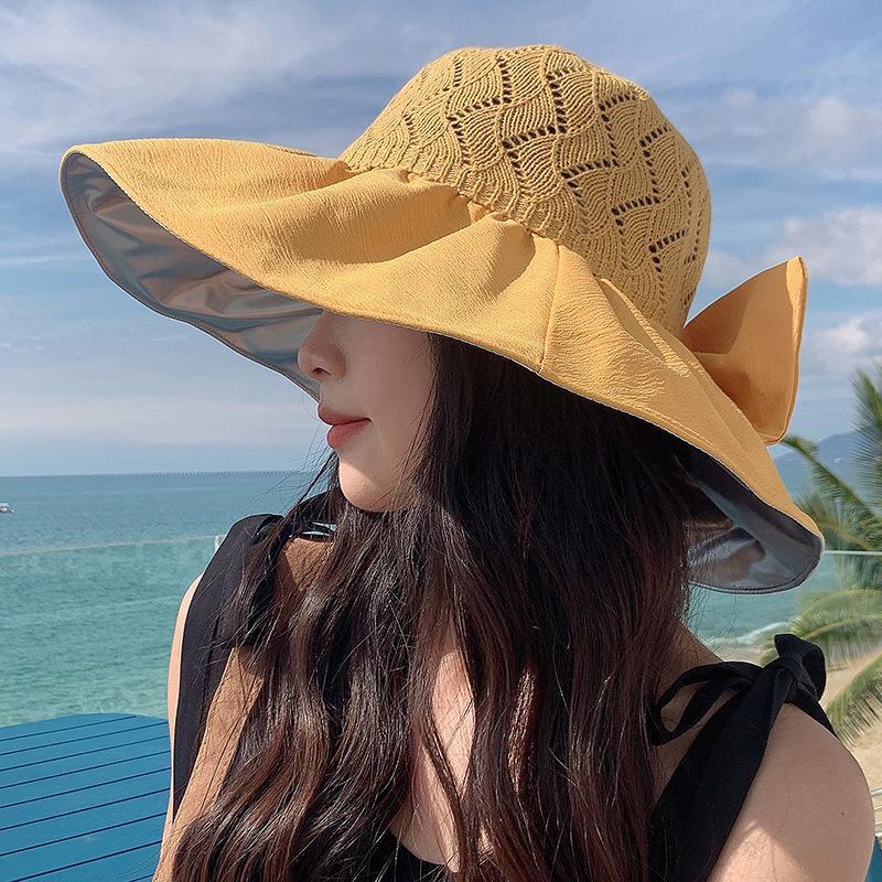 Women's Sun Hat Fisherman's Spring Summer Sunscreen Big Brim Bucket Edge Sun With Windproof Tether Black