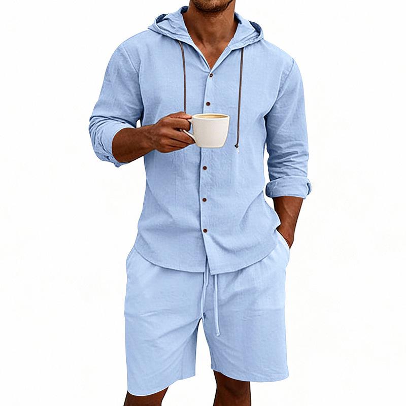 Men's Linen Casual Hooded Shirt & Shorts Set - Breathable, Long-Sleeved, Two-Piece.