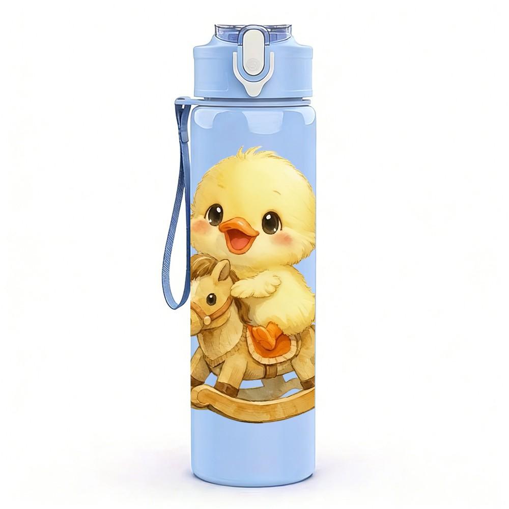 1PC Chick On Rocking Horse Print 750ml Color Plastic Sports Water Bottle Leakproof Flip Straw Lid Suitable for Sports Office Home Use