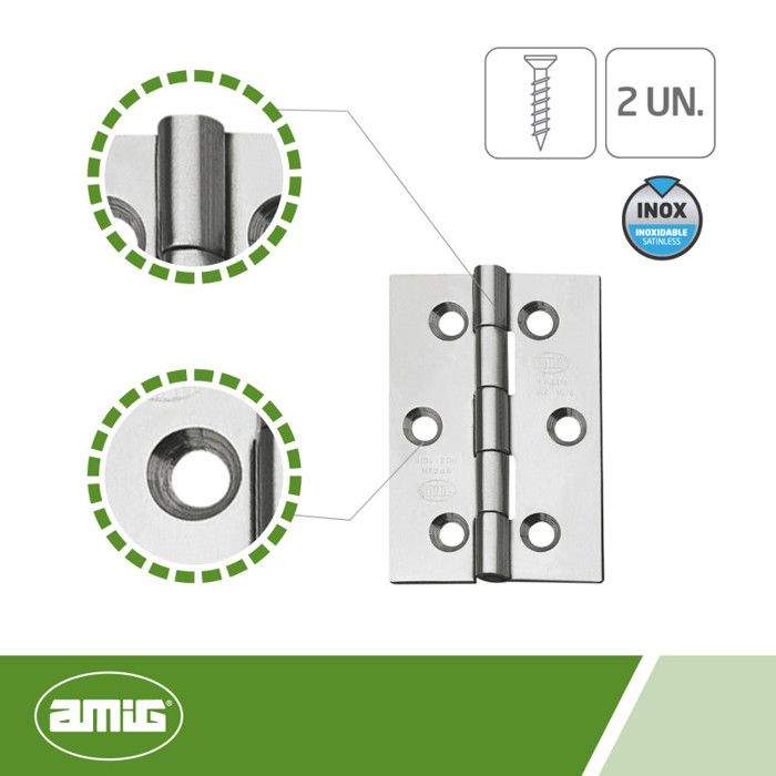 AMIG | Charnière 2002 | 60 x 50 x 1,5 mm | Acier inoxydable AISI 304 | Mat
