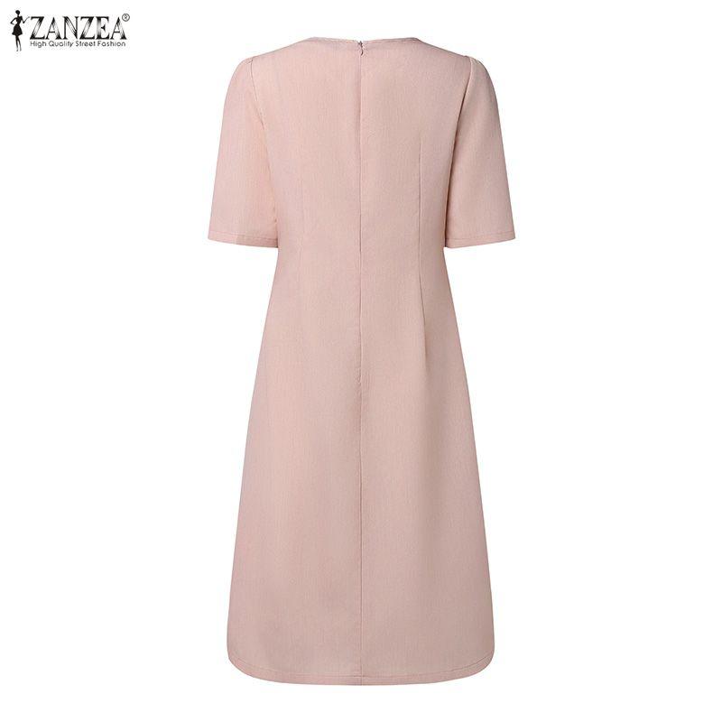 ZANZEA Women Casual Round Neck Elegant Summer Short Sleeve Dress
