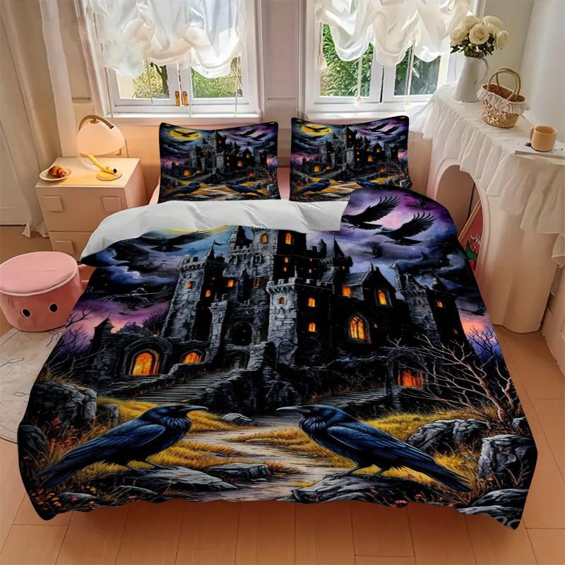 3pcs Castle Night Raven Duvet Cover Set, Soft Comfortable Duvet Cover,Guest Room (1*Duvet Cover + 2*Pillowcase, Without Core) yy251104146