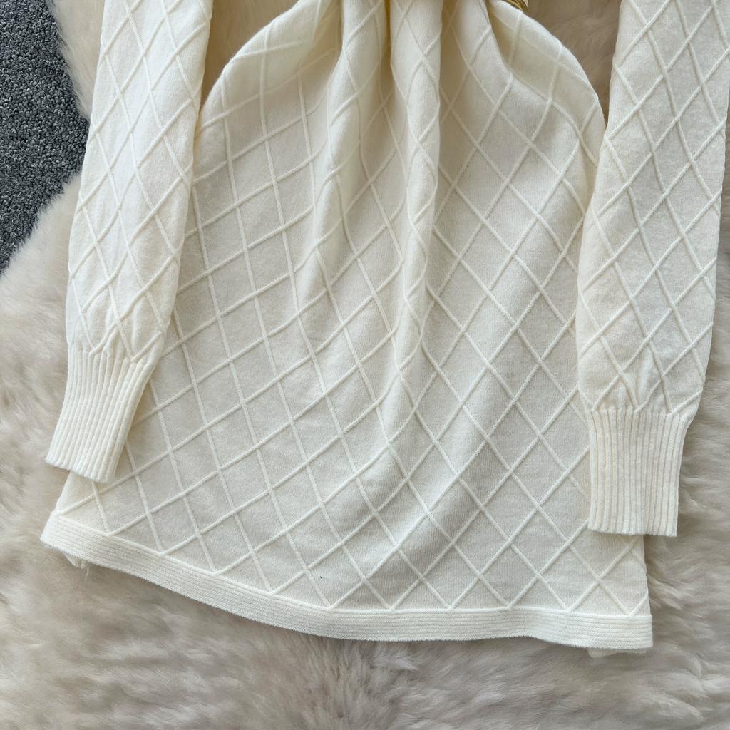 Spring Autumn Women Full Sleeve Turtleneck Plaid Knitted Sweater Mini Short Sheath Dresses with Belt