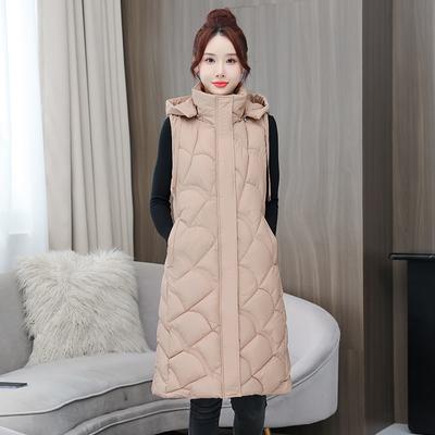 Damen Herbst und Winter Einfarbig Slim Midilänge Temperament Weste Kapuzenpendler Warme Jacke