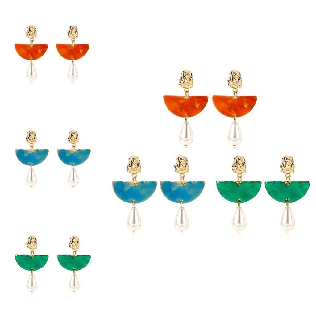 Chic European American Style Alloy Half-round Pearl Earrings For Women Summer 2021