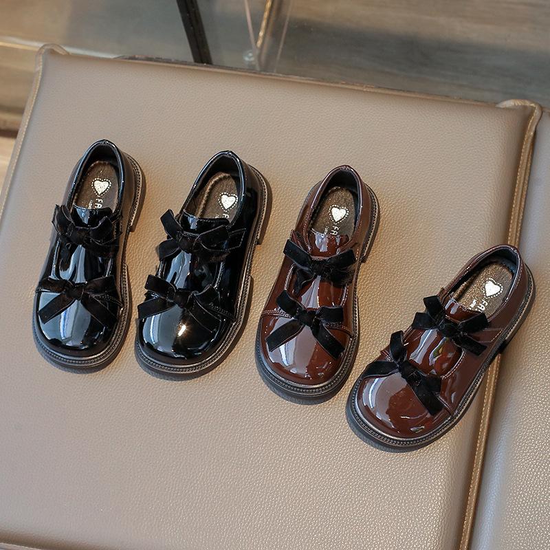 Korean Style Mirror Finish Girl's Leather Loafers with Double Bows - Spring 2026 Princess Shoes