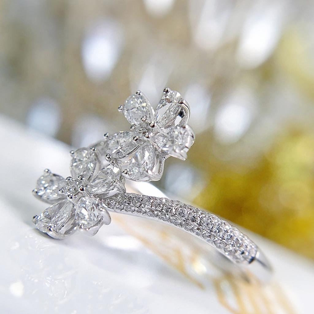 Adjustable Open Bypass Ring with Double Flower Design Pear-Cut Cubic Zirconia Stones Silver Tone Floral Statement Ring for Women
