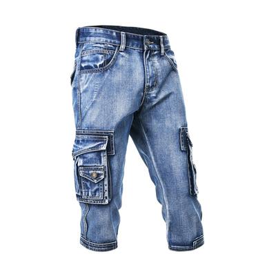 Vintage Men's Fashion Cargo Denim Shorts With Multi Pockets Slim Fit Military Jeans Shorts Male Washed Capri Pants