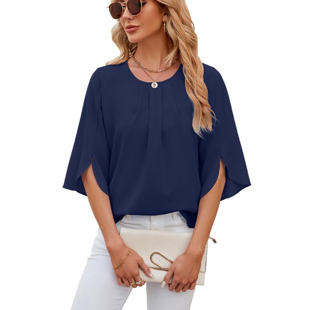 2024 Women's Loose Chiffon Short Sleeve Blouse - Solid Color, Round Neck, Five-Point Sleeves