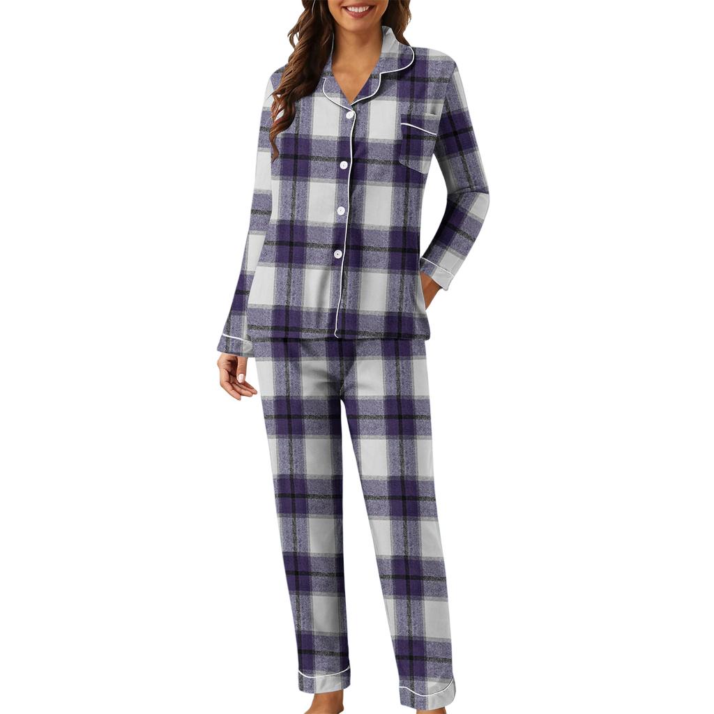 Women's Casual Fashion Plaid Patchwork Print Long-Sleeved Trousers Homewear Set