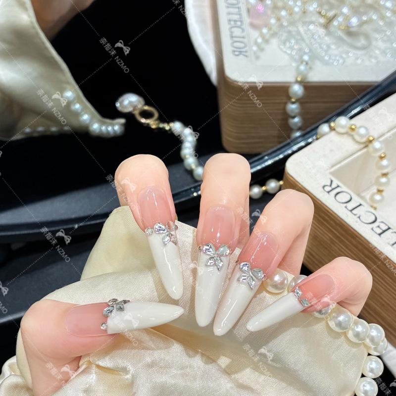 L02 Milky White French Rhinestone Butterfly Long Press-on Nails S