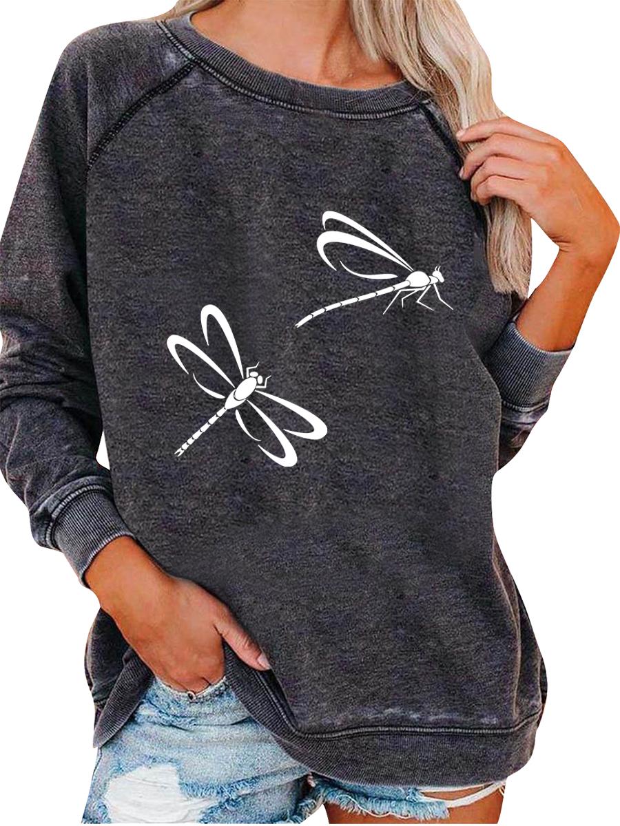 

Women s Pullover Sweatshirt Oversized Sweatshirt Women s Spring/Fall Fashion Dragonfly Print Top 3XL серый