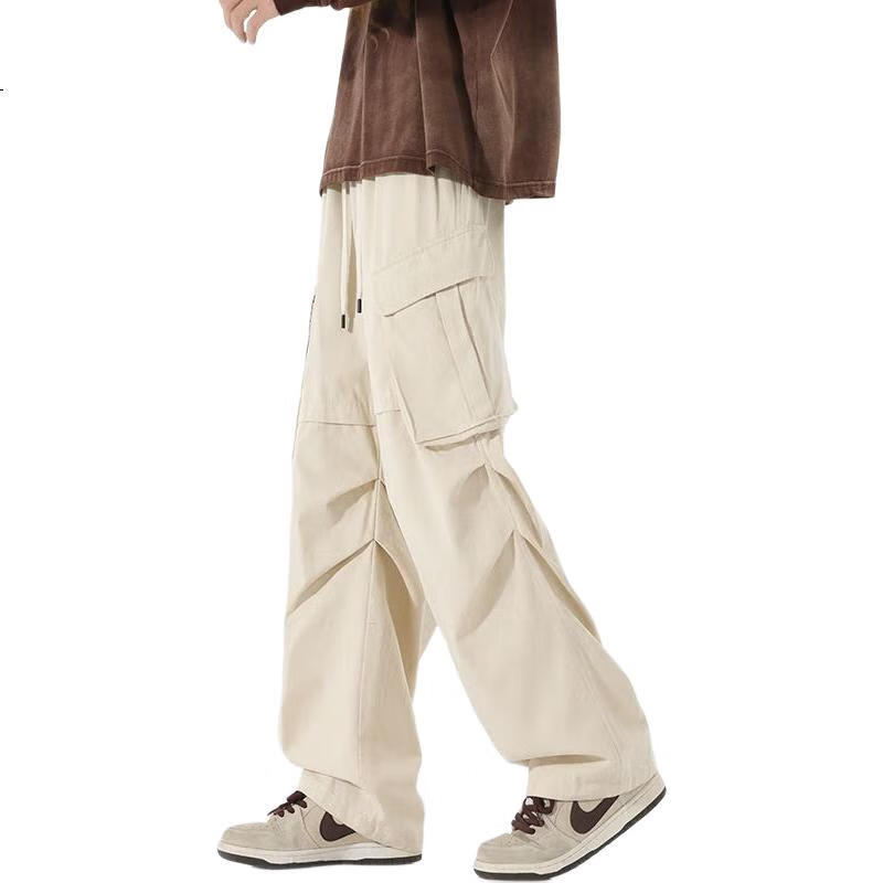 MMOPTOP Cotton Casual Pants for Men, Spring And Summer American Retro High Street Paratrooper Cargo Pants 8381 Off-White L