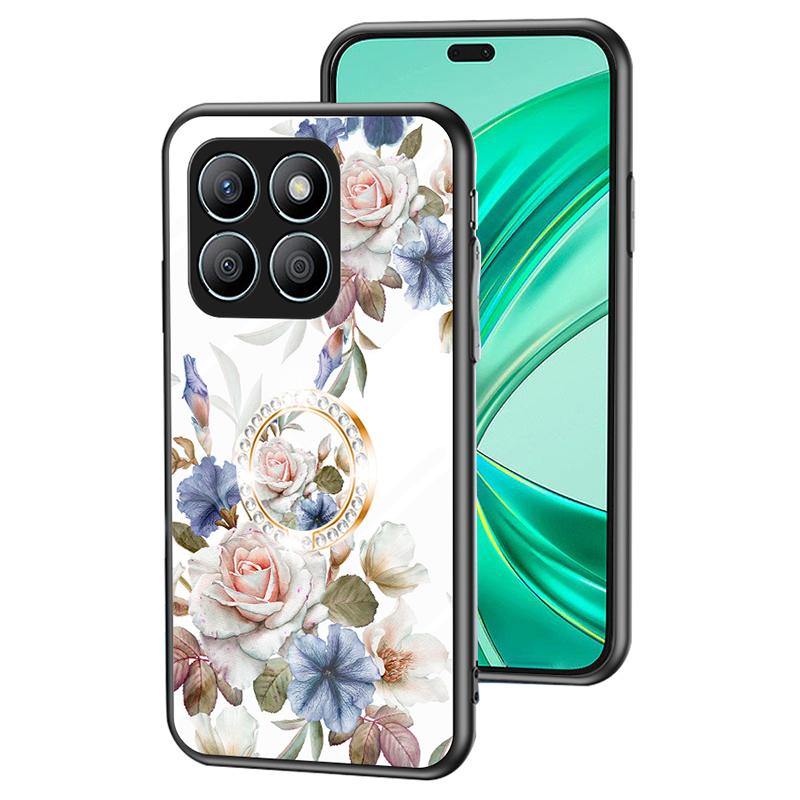 

For Honor X8b 4G Flower Pattern Case Tempered Glass Phone Cover Ring Kickstand White Flower Bush