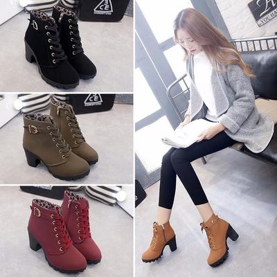 Thick Heel Boots Shoes Boots Lace Up Round Toe Women's Boots Frosted Thick High Heel Booties Elegant Shiny Comfortable Women Shoes