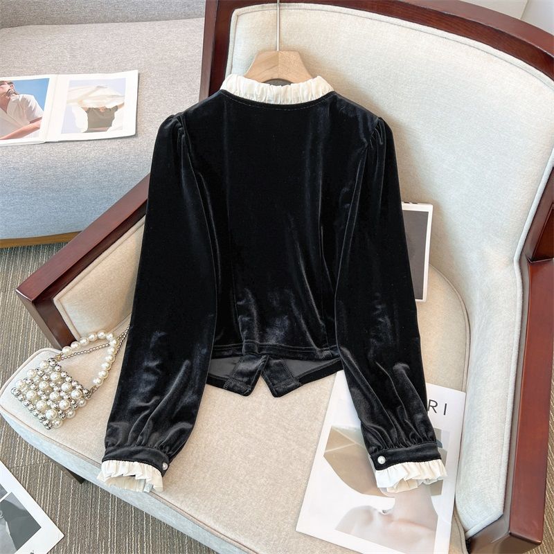 Bow Shirt for Women In Spring, Autumn, and Winter with A Sense of High-end Design, Gentle Temperament, and A Black Velvet Top with Bubble Sleeves