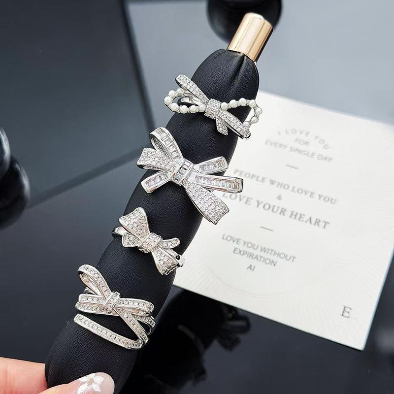 Sweet And Cool Style Bow Full Of Diamonds, Zircon Ring, Open Finger, Women'S Fashion Index Finger Ring, Stacked With Niche Rings
