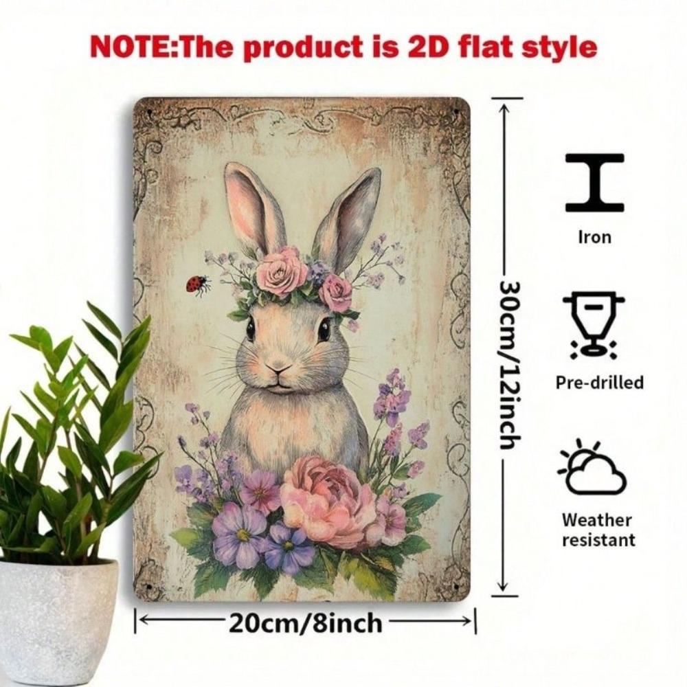 Vintage Metal Wall Art Bunny Flower Crown Pastel Provence Decor 20x30cm