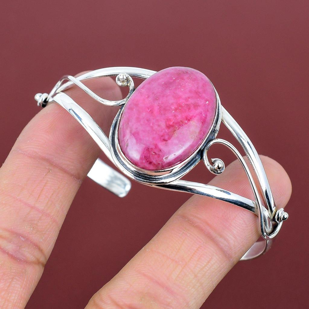 Rhodonite Gemstone Bangle 925 Sterling Silver Cuff Bracelet Elegant Jewelry Adjustable Bangle Handmade Bracelet Wedding Gifts Silver Jewelry
