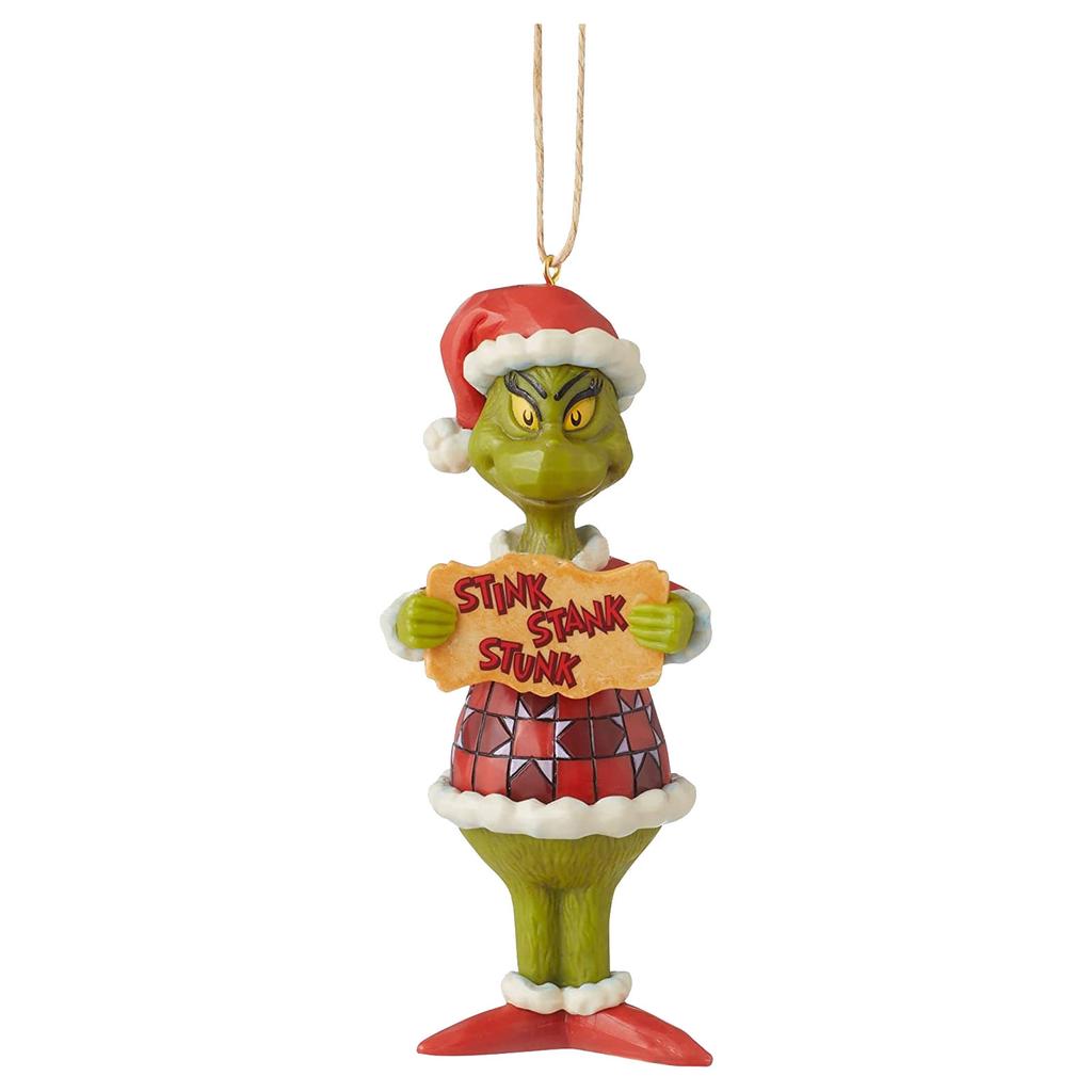 Christmas Tree Ornament with Green Character in Santa Outfit Holding Bah Humbug Sign, Festive Holiday Hanging Decoration, Durable Resin, 5 Inch