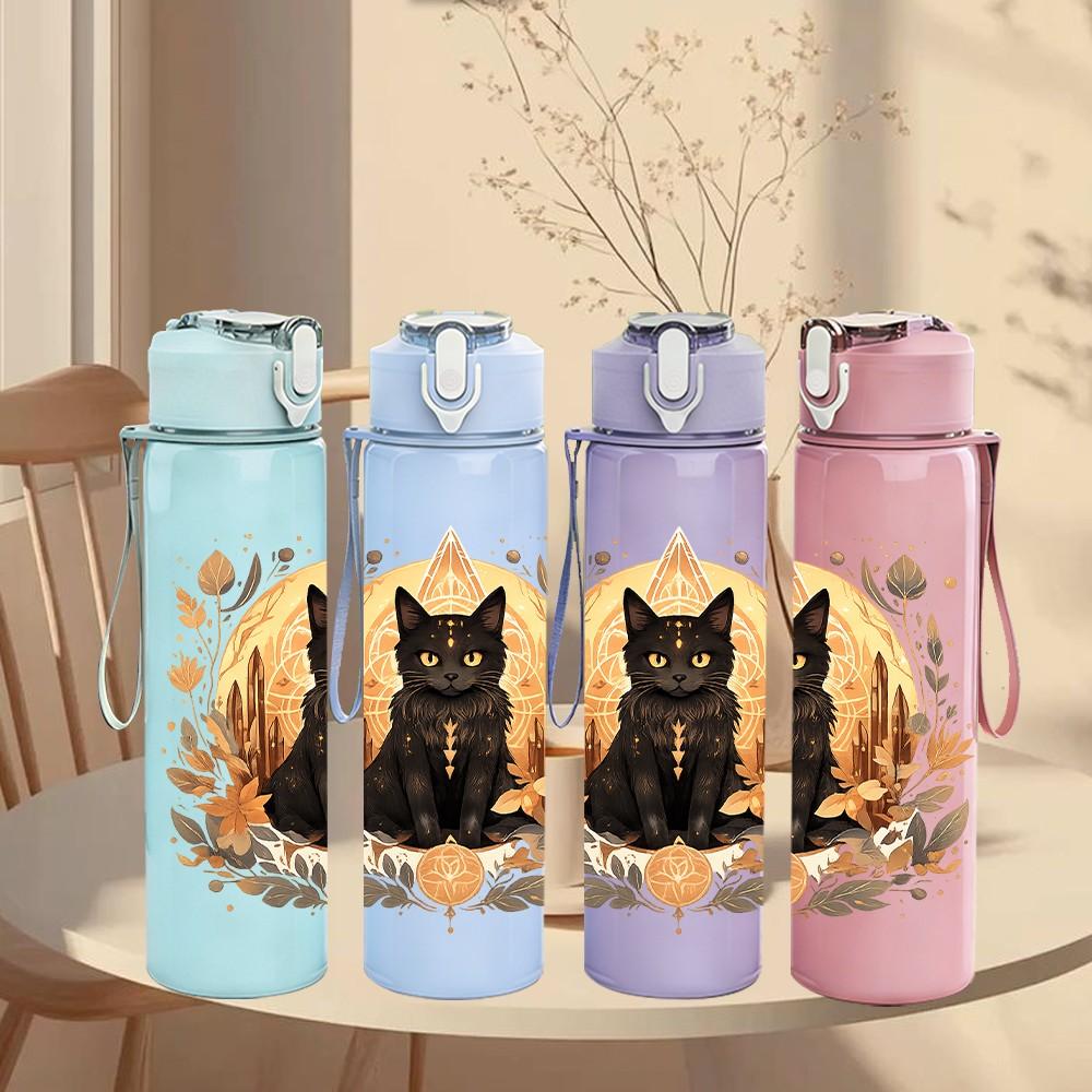 1PC Black Cat Vintage Decorative Print 750ml Color Plastic Sports Water Bottle Leakproof Flip Straw Lid Suitable for Sports Office Home Use