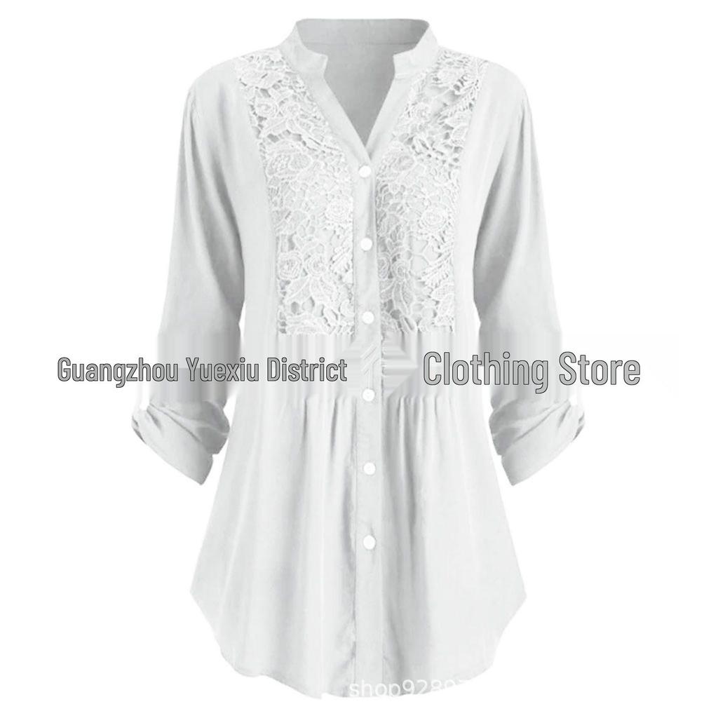 2024 Trendy Jednobarevná Dámská Blůza s Dlouhým Rukávem s Rayonovou Krajkou