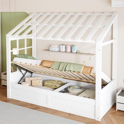 Children's Bed In Country House Style 90 X 200 Cm with Roof, Window, Hydraulic Storage and Side Storage Compartments, White