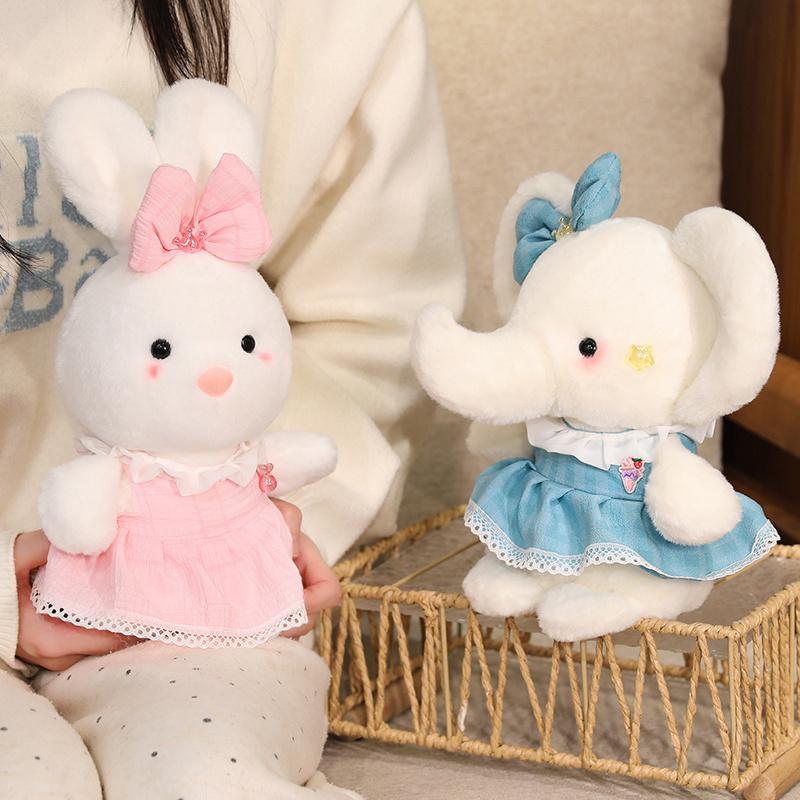 Cute Dressed Pink Blue Rabbit Elephant Plush Toys Soft Stuffed Animals Kids Gift Handmade Huggable Decor Safe Ages Playtime