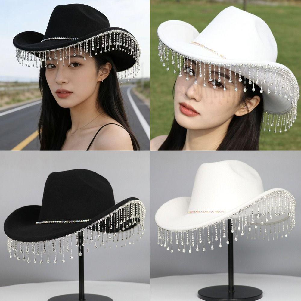 Large Size Western Cowboy Hat Jazz Performance French Style Hat New Water Diamond Tassel Hat  Women