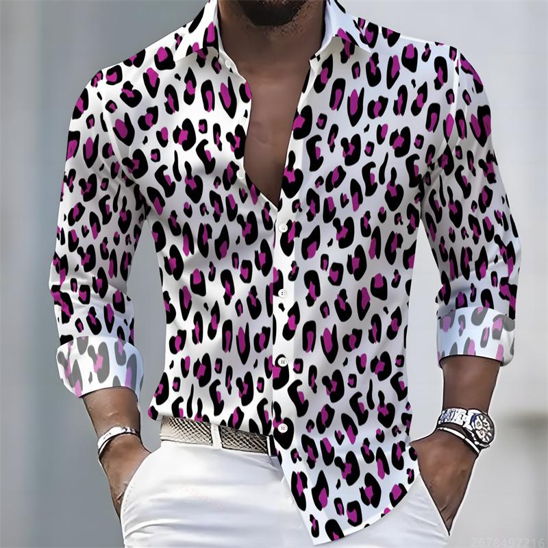 Men's Leopard Print Long-sleeved Shirt, Trendy Retro Slim-fit Turn-down Collar Casual and Stylish Men's Shirt, Sizes