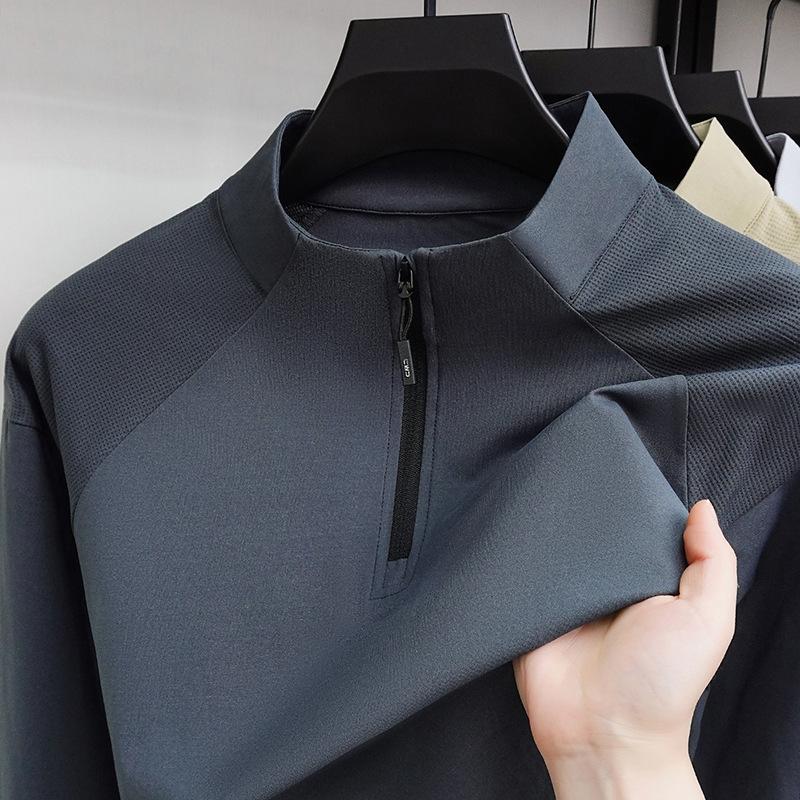 Spring Semi-Zipper Stand-Up Neck Sweater Men'S Long-Sleeved T-Shirt Solid Color Casual Sports Simple Top Men