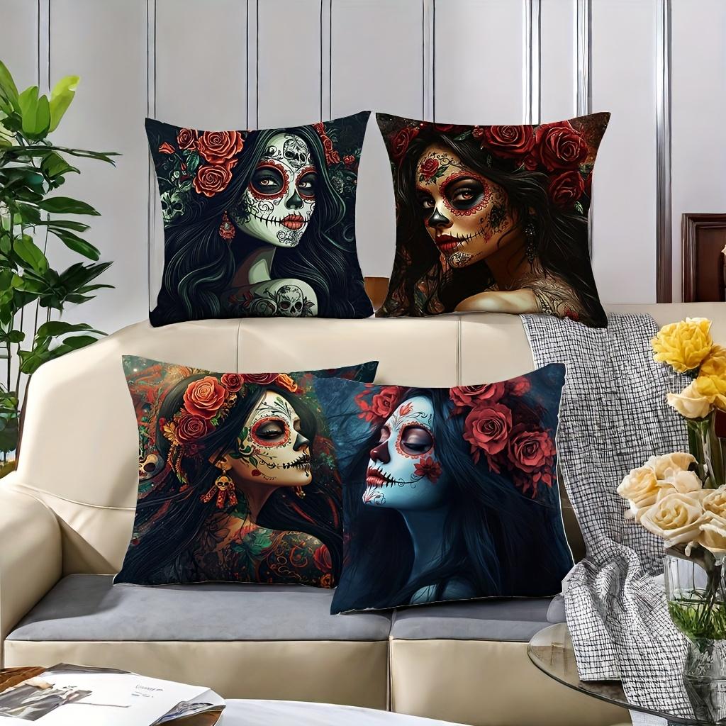 4PCS Skull Print Pillow Cases: Day of Dead Face Paint & Roses, Mysterious Glam for Parties, Home, Car (No Insert)