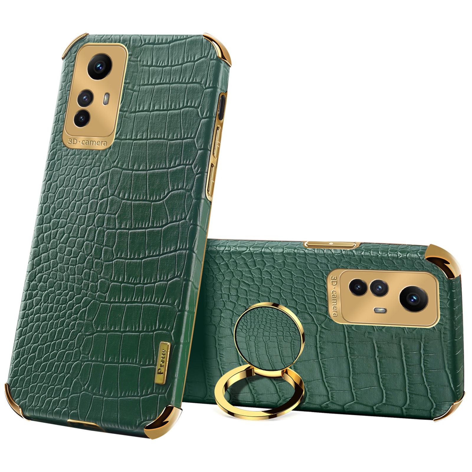 

For Xiaomi Redmi Note 12S 4G Crocodile Texture Kickstand Phone Case 6D Electroplated PU Leather+TPU Cover Green