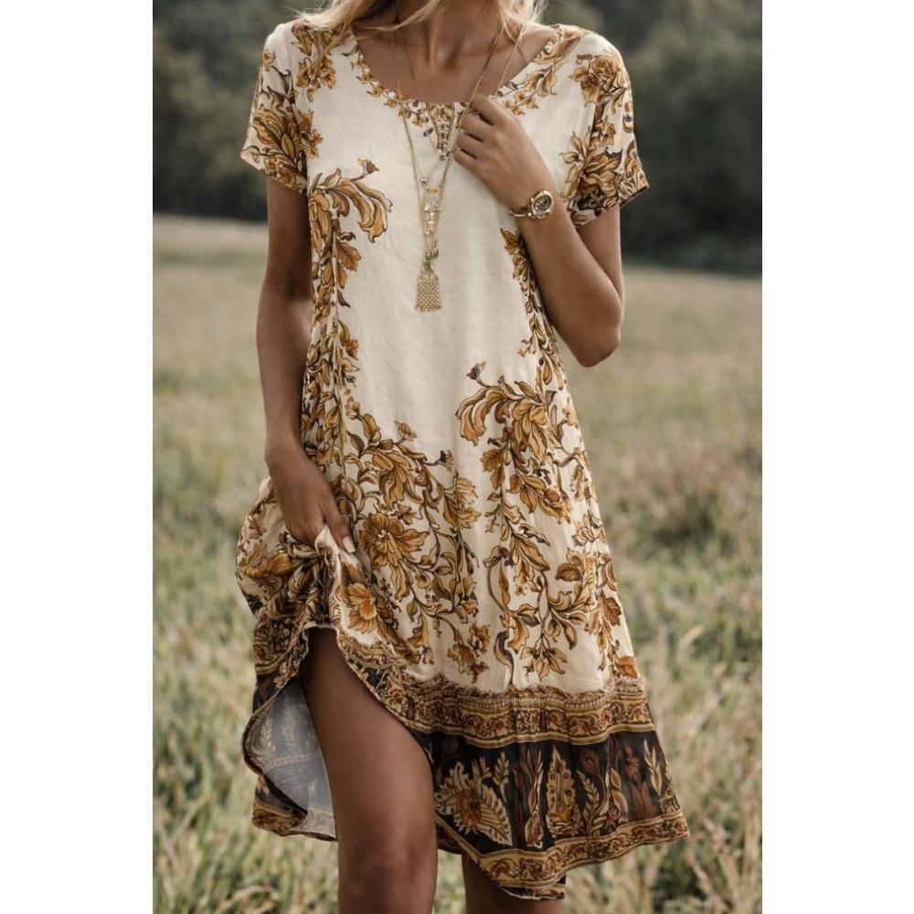 Vestidos Casuales de Moda Vintage con Estampado de Verano Primavera Manga Corta Cuello Redondo para Mujer