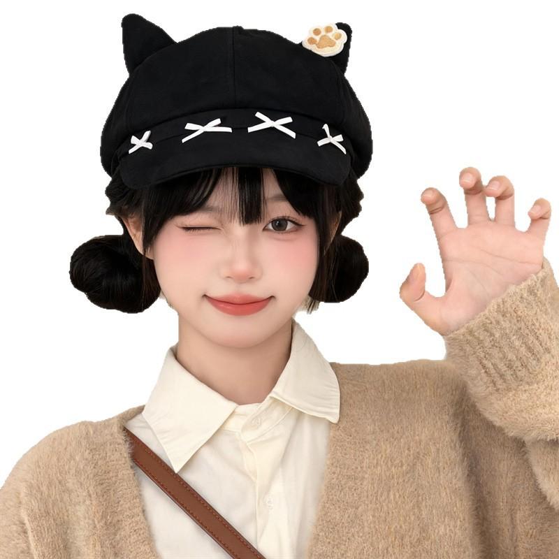 Cute cat ears star anise beret children autumn big head circumference showing face small painter hat duck tongue newsboy hat