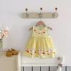 Summer Kids Sundress Toddler Pink Bunny Grid Sleeveless Dress Children Girls Yellow Clothes