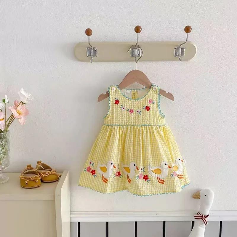 Summer Kids Sundress Toddler Pink Bunny Grid Sleeveless Dress Children Girls Yellow Clothes