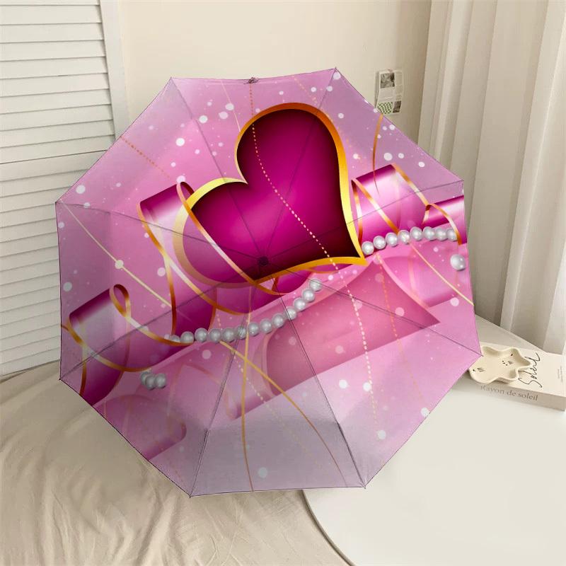 1pc Heart Pearls Automatic Folding Umbrella, Heavy Duty 8 Rib Iron Frame,  Suitable for Travel, Daily Use, Birthday, Decor Gift m0104053