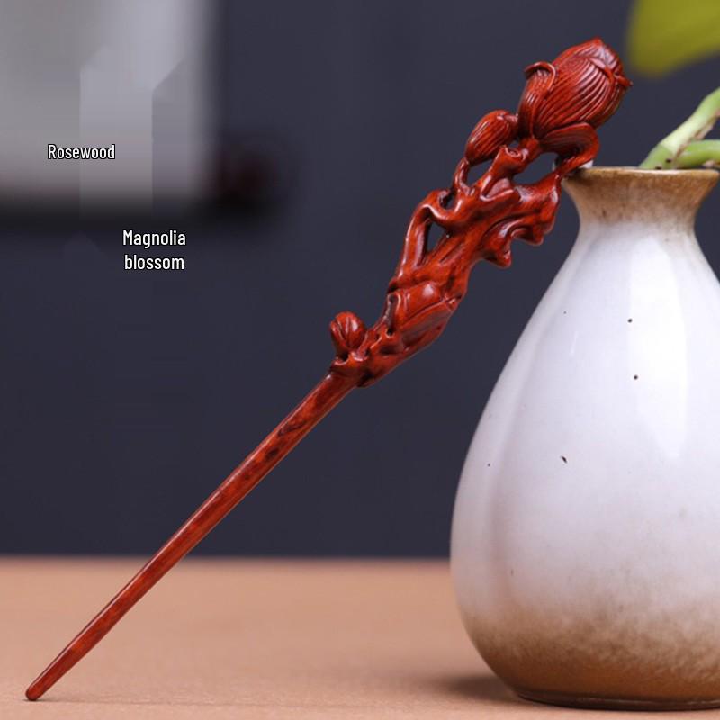 Red Sandalwood Women's Retro Hanfu Hairpins: Hollow Carved Moon Rabbit Wooden Ornaments