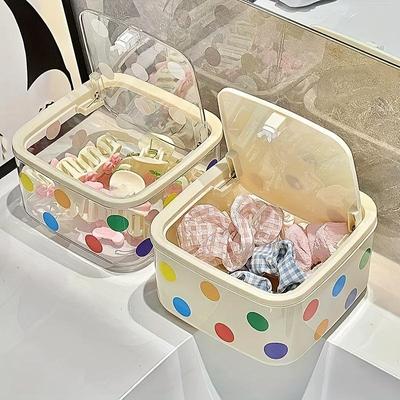 Polka Dot Decorative Hair Accessories Organizer Box with Clear Lid Multi Compartment Durable Plastic Storage for Headbands, Scrunchies, Jewelry