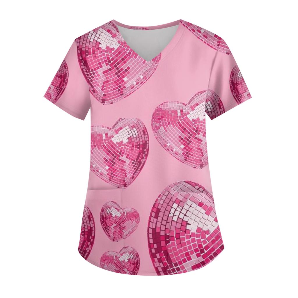 Damen Valentinstag Bedruckt Modisch V-Ausschnitt Tasche Kurzärmelig Uniform Und Pflegeroberteil