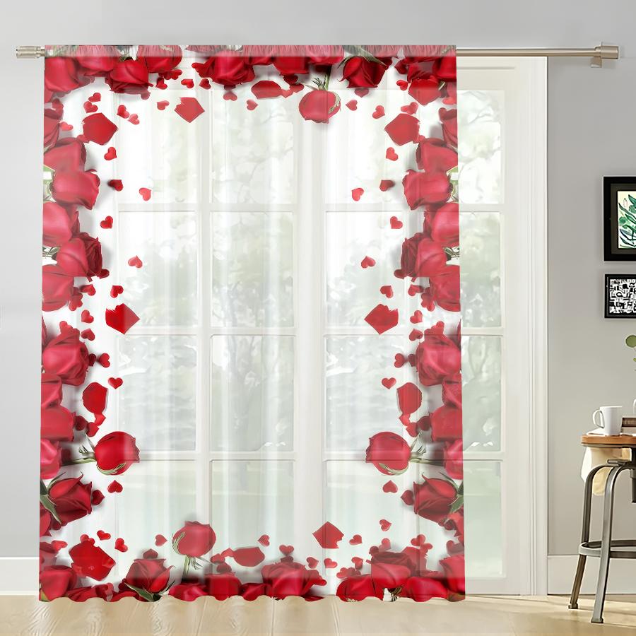 

Red Rose Border Printed Gauze Curtain Strong Romantic Style Valentine Day Bedroom Living Room Curtains Single Panel Polyester Washable Area Ready W100*H70(CM)-Hooks&2PCS